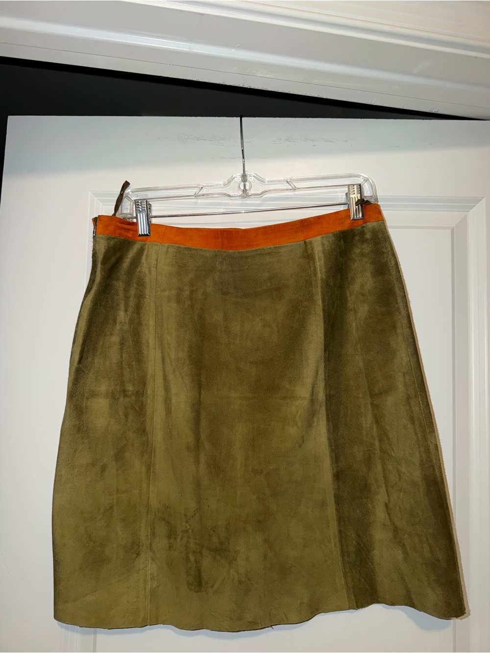 Prada Olive Green Suede A-Line Skirt with Orange Trim - Picture 5 of 5